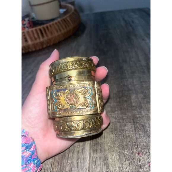 Antique Chinese Brass Tea Jar Caddy Enameled Relief Market Scent Jar - Picture 3 of 8
